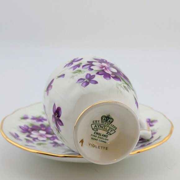 Ansley Fine Bone China Demitasse Cup & Saucer Set Violette Floral Design Gold Tr - Picture 5 of 11